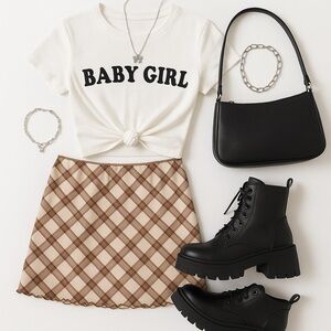 H&M Divided Brown Plaid Mesh Mini Skirt Y2K Sheer Lined Lettuce Hem